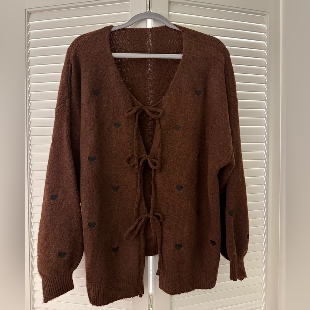 Brown Tie-Front Heart Knit Sweater Cardigan